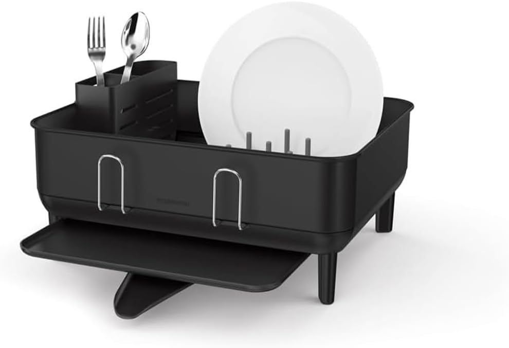 simplehuman Large Capacity Dish Drying Rack with Stainless Steel Frame, 360º Easy Drain Swivel Spout, Utensil & Wine Glass Holder, Anti-Residue Coating, Moisture Control Surface, Grey