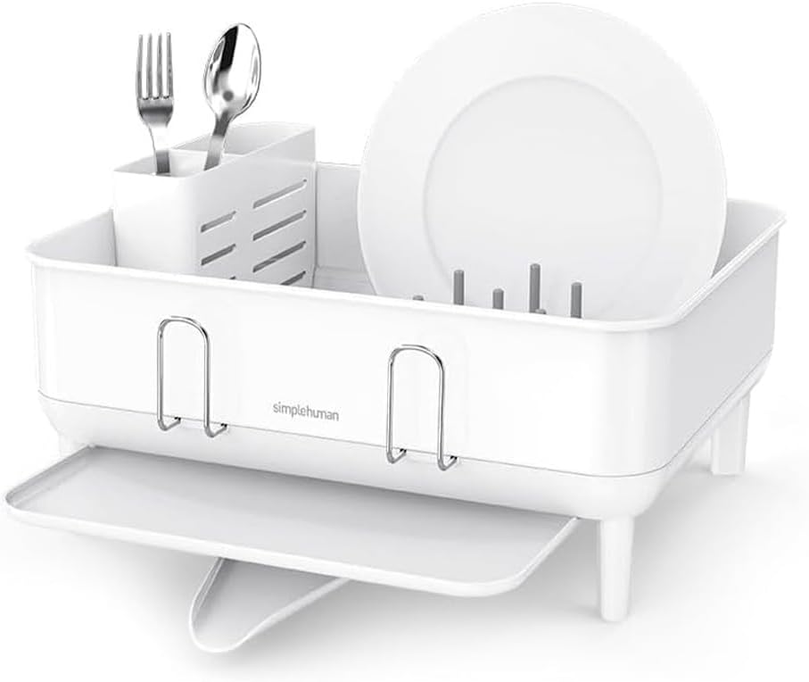 simplehuman Large Capacity Dish Drying Rack with Stainless Steel Frame, 360º Easy Drain Swivel Spout, Utensil & Wine Glass Holder, Anti-Residue Coating, Moisture Control Surface, Grey