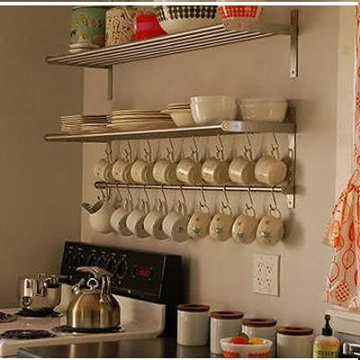 Stainless Steel Kitchen Organizer Set 31.5" for Hanging Pots and Pans Set and Lid Organizer, Silver (2X Shelf, 2X Rail, 30 Hooks)