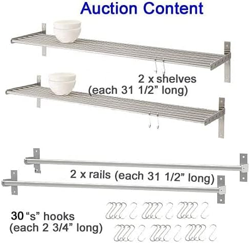 Stainless Steel Kitchen Organizer Set 31.5" for Hanging Pots and Pans Set and Lid Organizer, Silver (2X Shelf, 2X Rail, 30 Hooks)