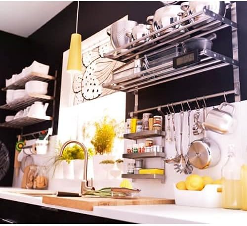 Stainless Steel Kitchen Organizer Set 31.5" for Hanging Pots and Pans Set and Lid Organizer, Silver (2X Shelf, 2X Rail, 30 Hooks)