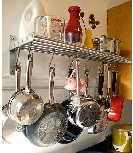 Stainless Steel Kitchen Organizer Set 31.5" for Hanging Pots and Pans Set and Lid Organizer, Silver (2X Shelf, 2X Rail, 30 Hooks)