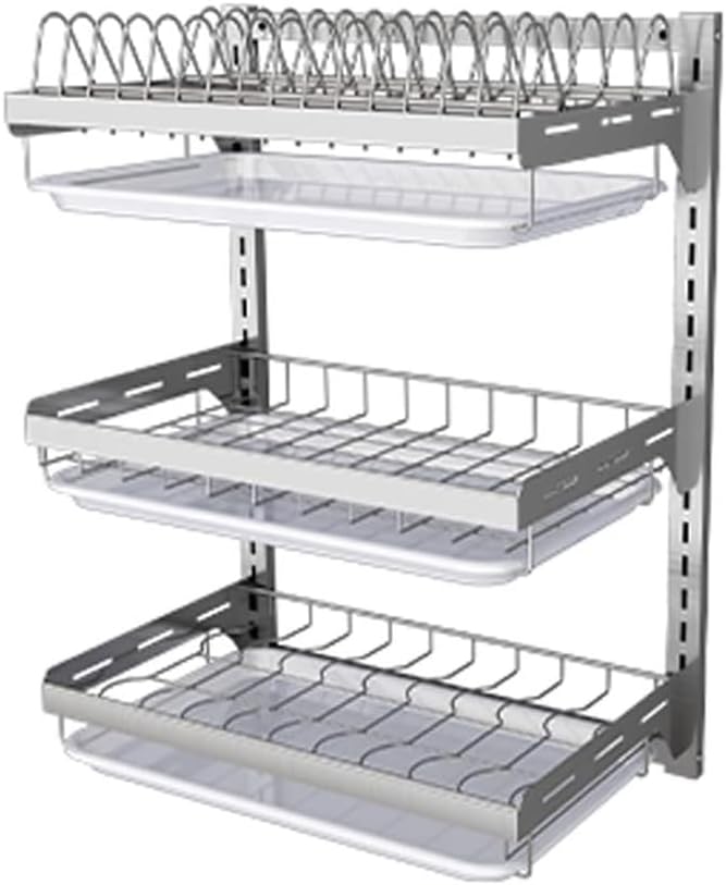 Dish Rack Wall Mounted,Hanging Dish Drying Rack,3 Tier Stainless Steel Dish Rack,Adjustable Length Drain Rack.with Drain Tray,Hooks(Silvery)