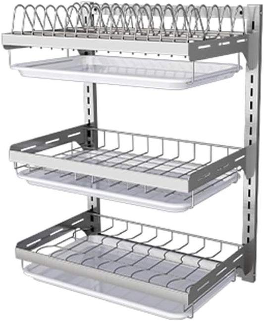 Dish Rack Wall Mounted,Hanging Dish Drying Rack,3 Tier Stainless Steel Dish Rack,Adjustable Length Drain Rack.with Drain Tray,Hooks(Silvery)