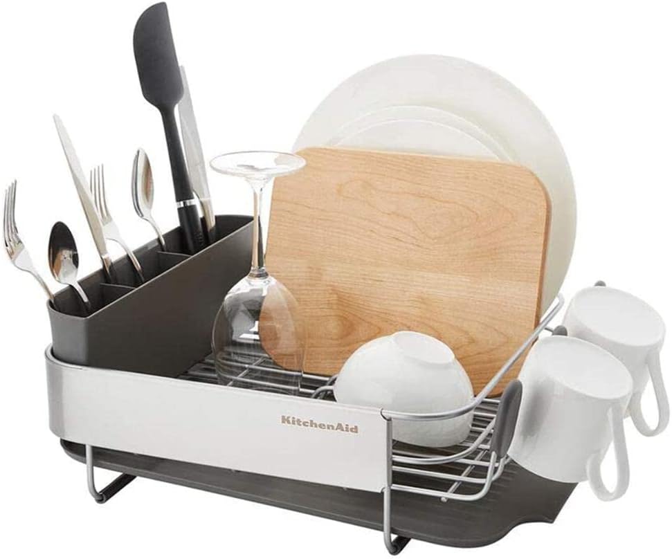 KitchenAid Compact, Space Saving Rust Resistant Dish Rack with Removable Flatware Caddy and Angled Self Draining Drainboard, 16.06-Inch, Black