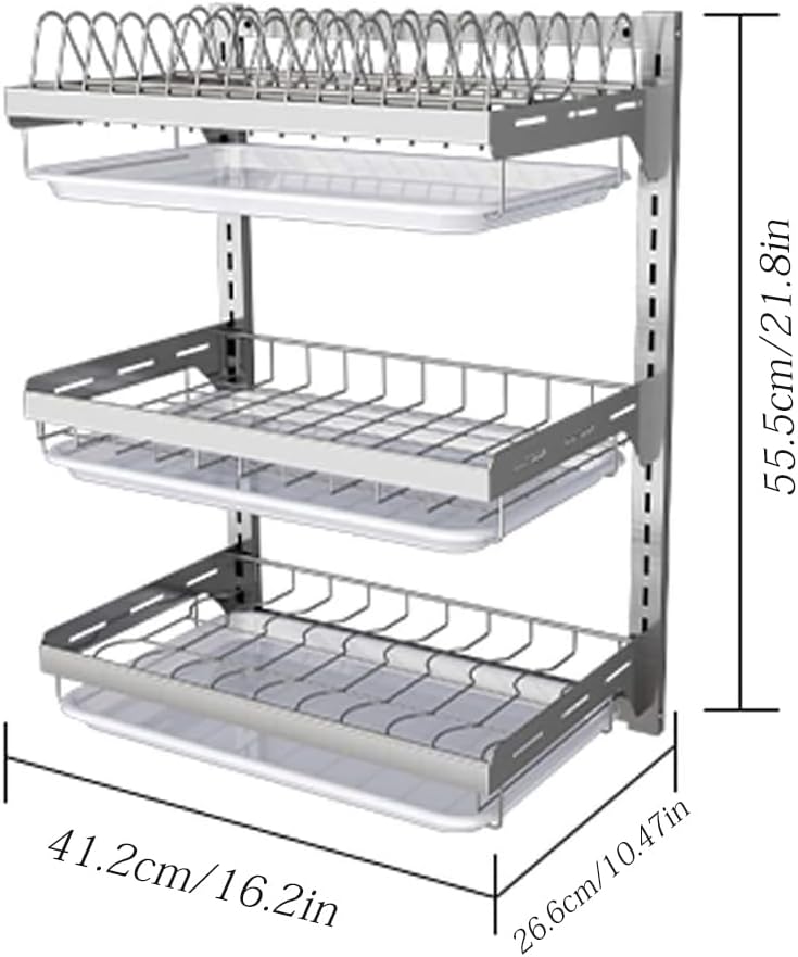Dish Rack Wall Mounted,Hanging Dish Drying Rack,3 Tier Stainless Steel Dish Rack,Adjustable Length Drain Rack.with Drain Tray,Hooks(Silvery)