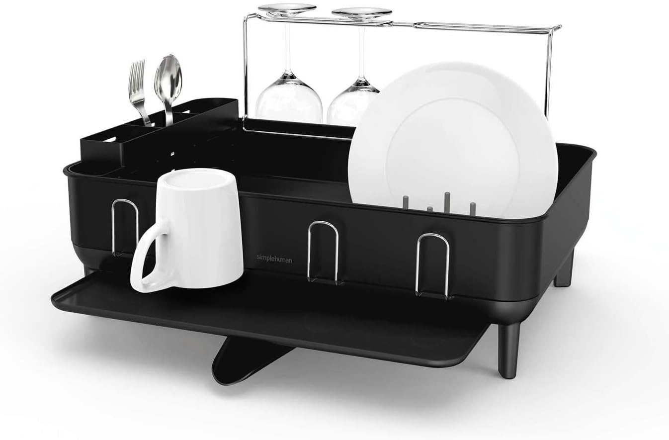 simplehuman Large Capacity Dish Drying Rack with Stainless Steel Frame, 360º Easy Drain Swivel Spout, Utensil & Wine Glass Holder, Anti-Residue Coating, Moisture Control Surface, Grey