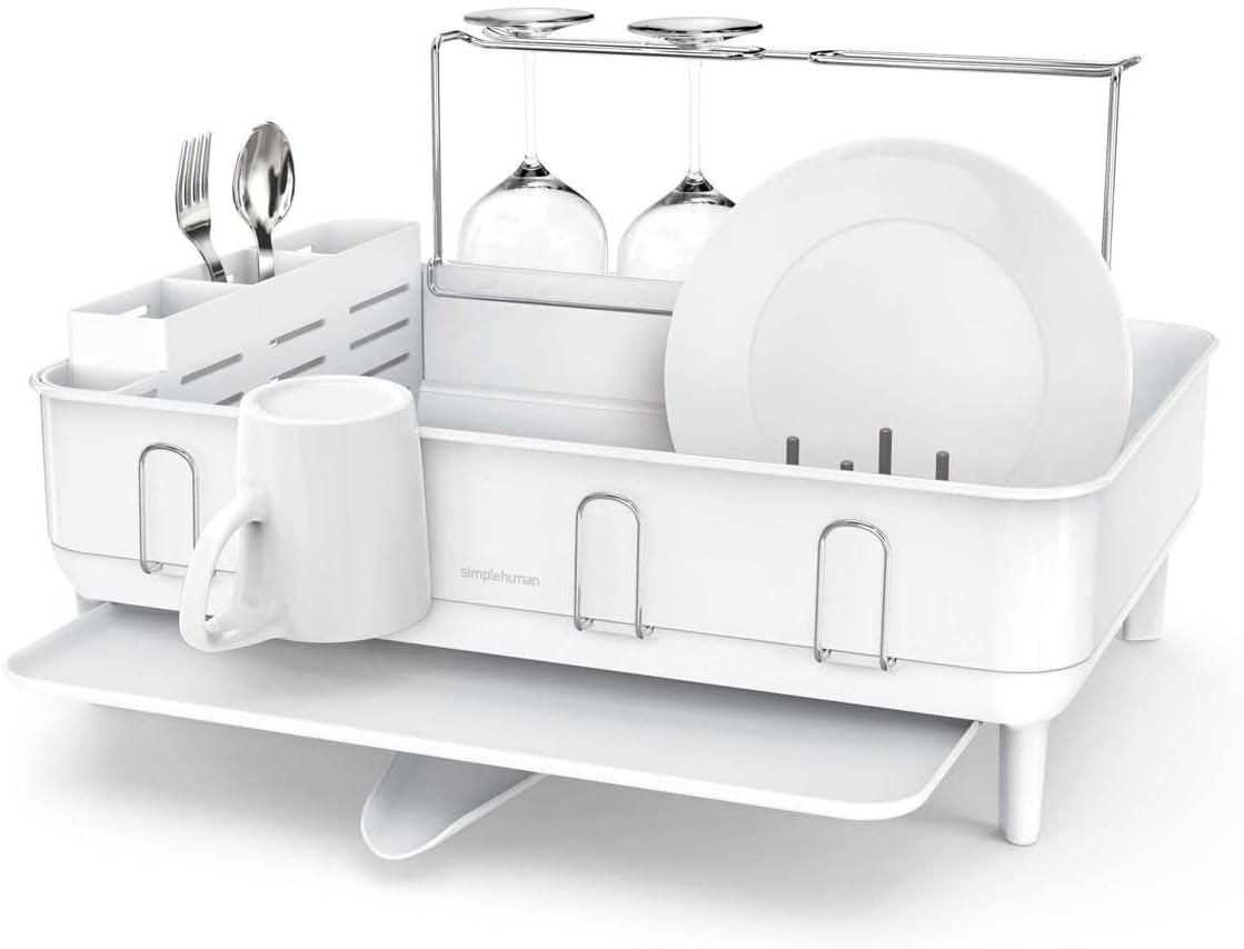 simplehuman Large Capacity Dish Drying Rack with Stainless Steel Frame, 360º Easy Drain Swivel Spout, Utensil & Wine Glass Holder, Anti-Residue Coating, Moisture Control Surface, Grey