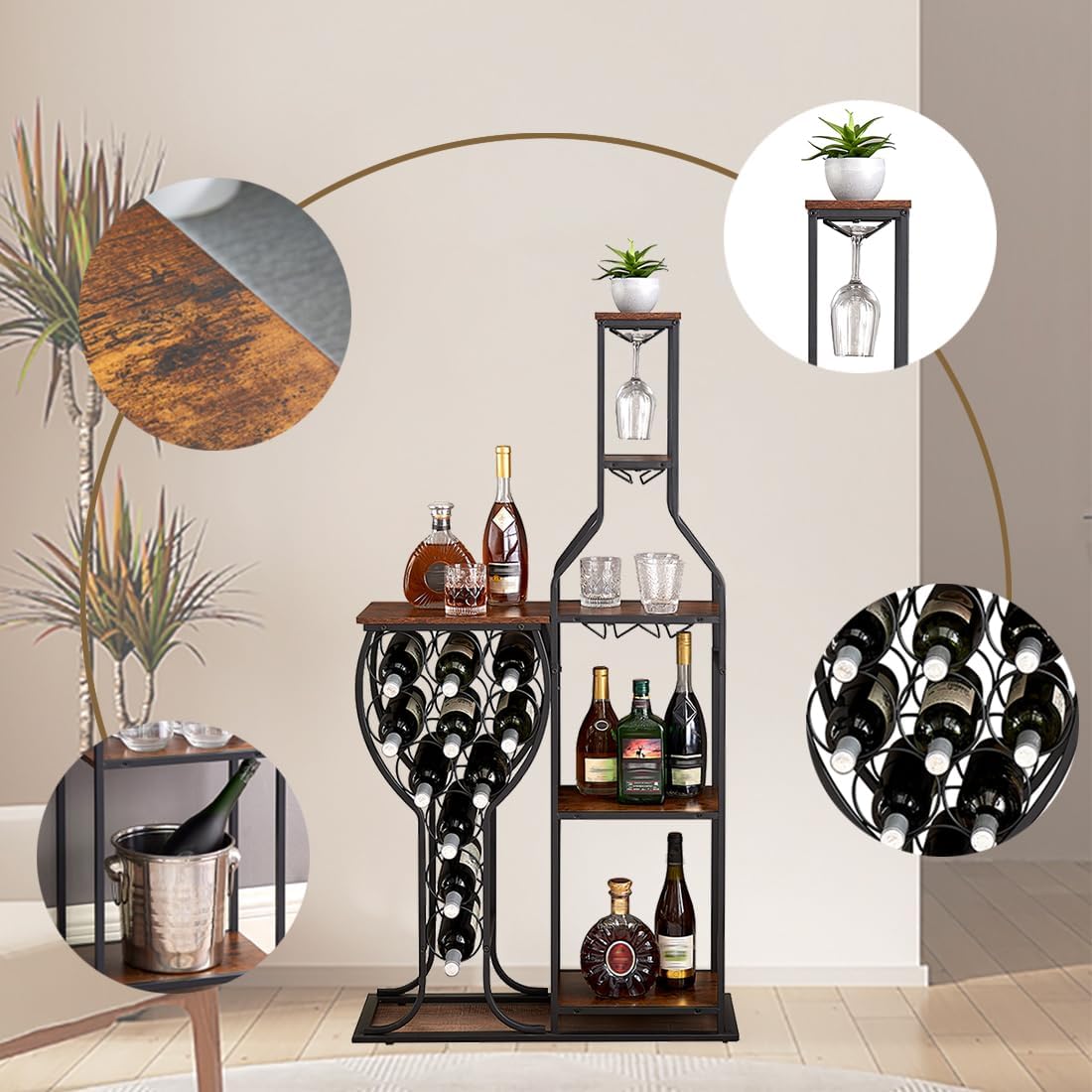 5-Tier Wine Rack Freestanding Floor, 11 Bottles Modern Wooden Wine Holder-Storage Cabinet for Home Bar, Kitchen, Dining Room Space Saving Bar Stand with Easy Assembly.(Deep red)