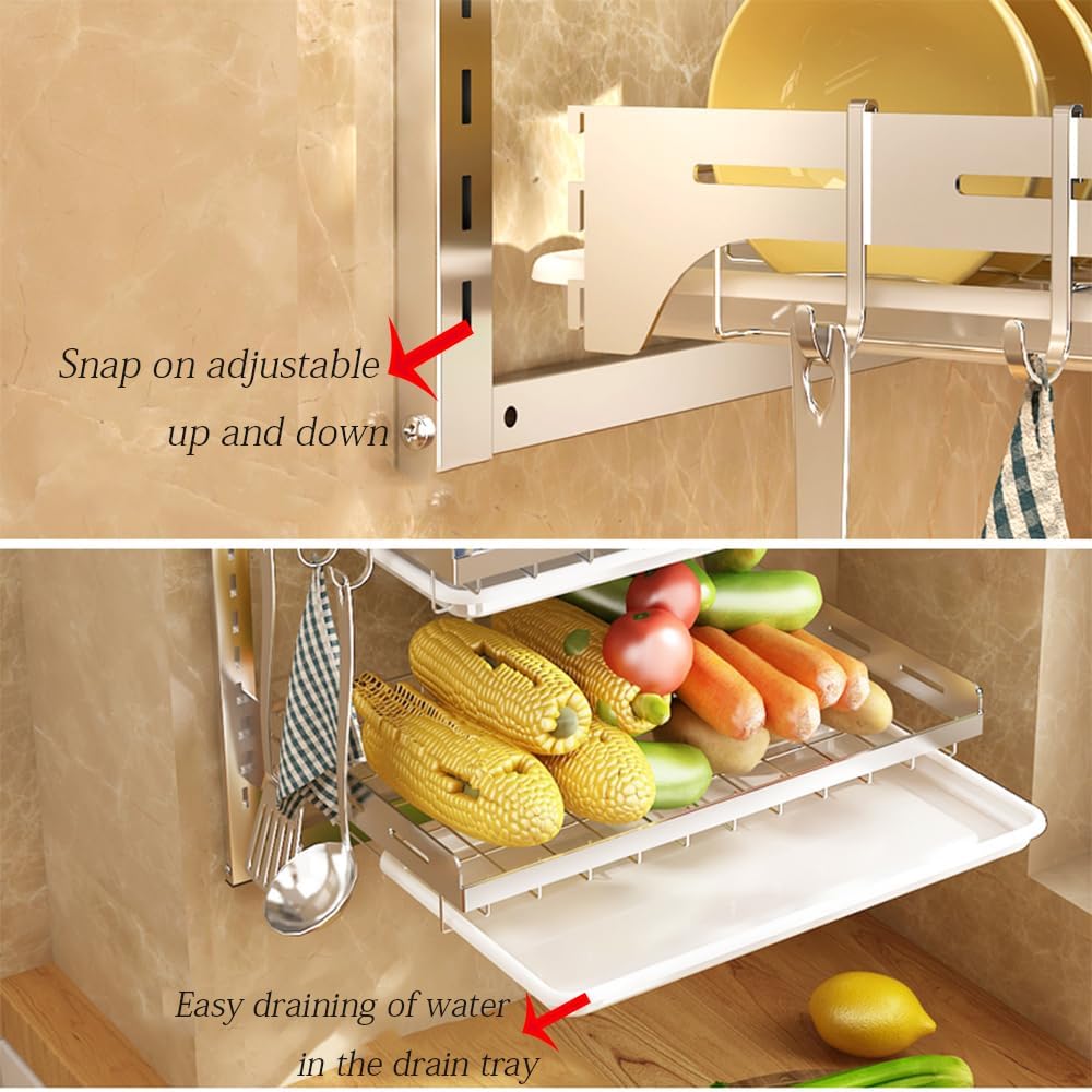 Dish Rack Wall Mounted,Hanging Dish Drying Rack,3 Tier Stainless Steel Dish Rack,Adjustable Length Drain Rack.with Drain Tray,Hooks(Silvery)