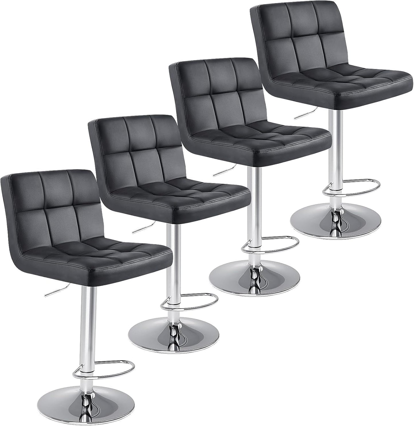 Sweetcrispy Bar Stools Set of 2, Armless PU Leather Adjustable Swivel Barstools, Hydraulic Kitchen Counter Height Thickened Seat Cushion Square Island Countertop Chairs with Back, Light Black