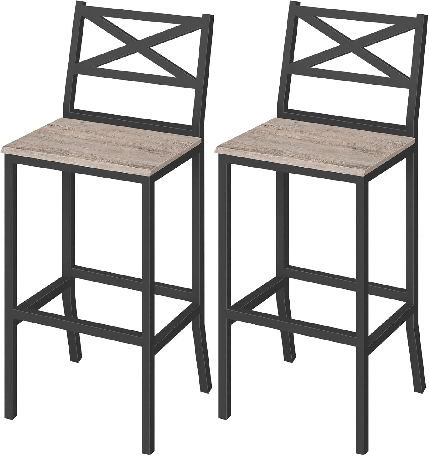 Bar Stools, Set of 2 Bar Chairs with Backrest and Footrest, 26" Tall Counter Bar Stools, Kitchen Breakfast Bar Chairs, Easy Assembly, for Dining Room, Rustic Brown BAHR0901N1
