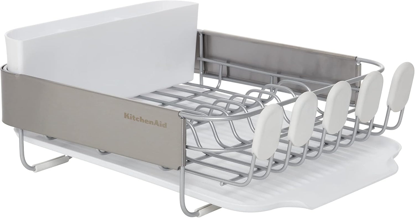 KitchenAid Compact, Space Saving Rust Resistant Dish Rack with Removable Flatware Caddy and Angled Self Draining Drainboard, 16.06-Inch, Black