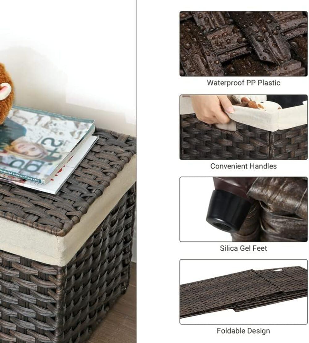 SONGMICS Storage Basket with Lid, 42.3 Gallon (160L) Storage Bin, Woven Blanket Storage Basket with Handles, Foldable, Removable Liner, Metal Frame, for Bedroom, Laundry Room, Brown URST76BR