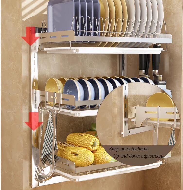 Dish Rack Wall Mounted,Hanging Dish Drying Rack,3 Tier Stainless Steel Dish Rack,Adjustable Length Drain Rack.with Drain Tray,Hooks(Silvery)