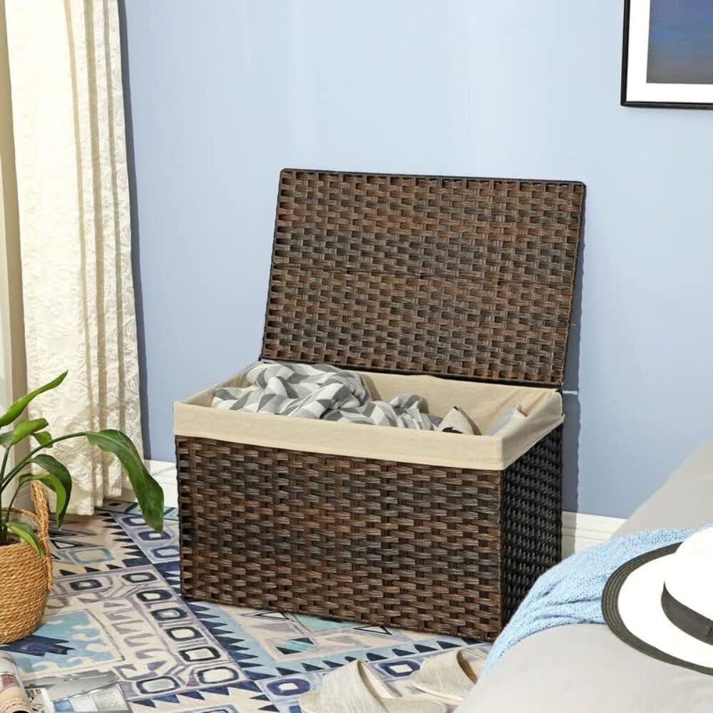 SONGMICS Storage Basket with Lid, 42.3 Gallon (160L) Storage Bin, Woven Blanket Storage Basket with Handles, Foldable, Removable Liner, Metal Frame, for Bedroom, Laundry Room, Brown URST76BR