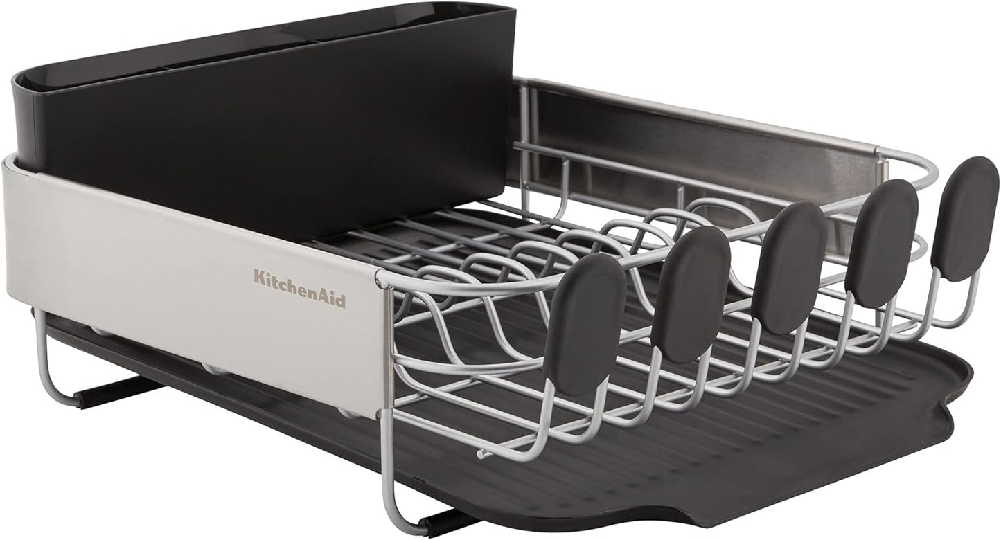 KitchenAid Compact, Space Saving Rust Resistant Dish Rack with Removable Flatware Caddy and Angled Self Draining Drainboard, 16.06-Inch, Black