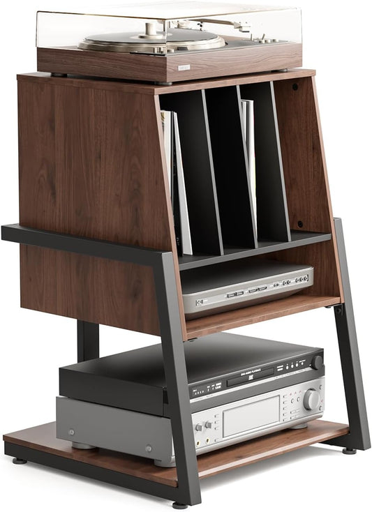 FITUEYES Design Record Player Stand with Vinyl Record Storage, Turntable Stand with Station up to 120 pcs, Small Entertainment Center for Living Room, Eiffel Series
