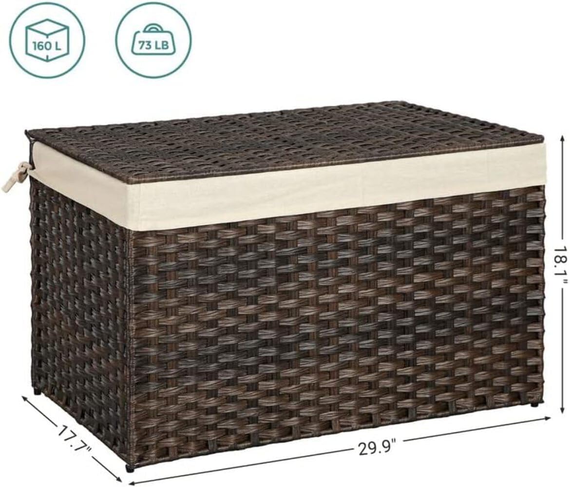 SONGMICS Storage Basket with Lid, 42.3 Gallon (160L) Storage Bin, Woven Blanket Storage Basket with Handles, Foldable, Removable Liner, Metal Frame, for Bedroom, Laundry Room, Brown URST76BR