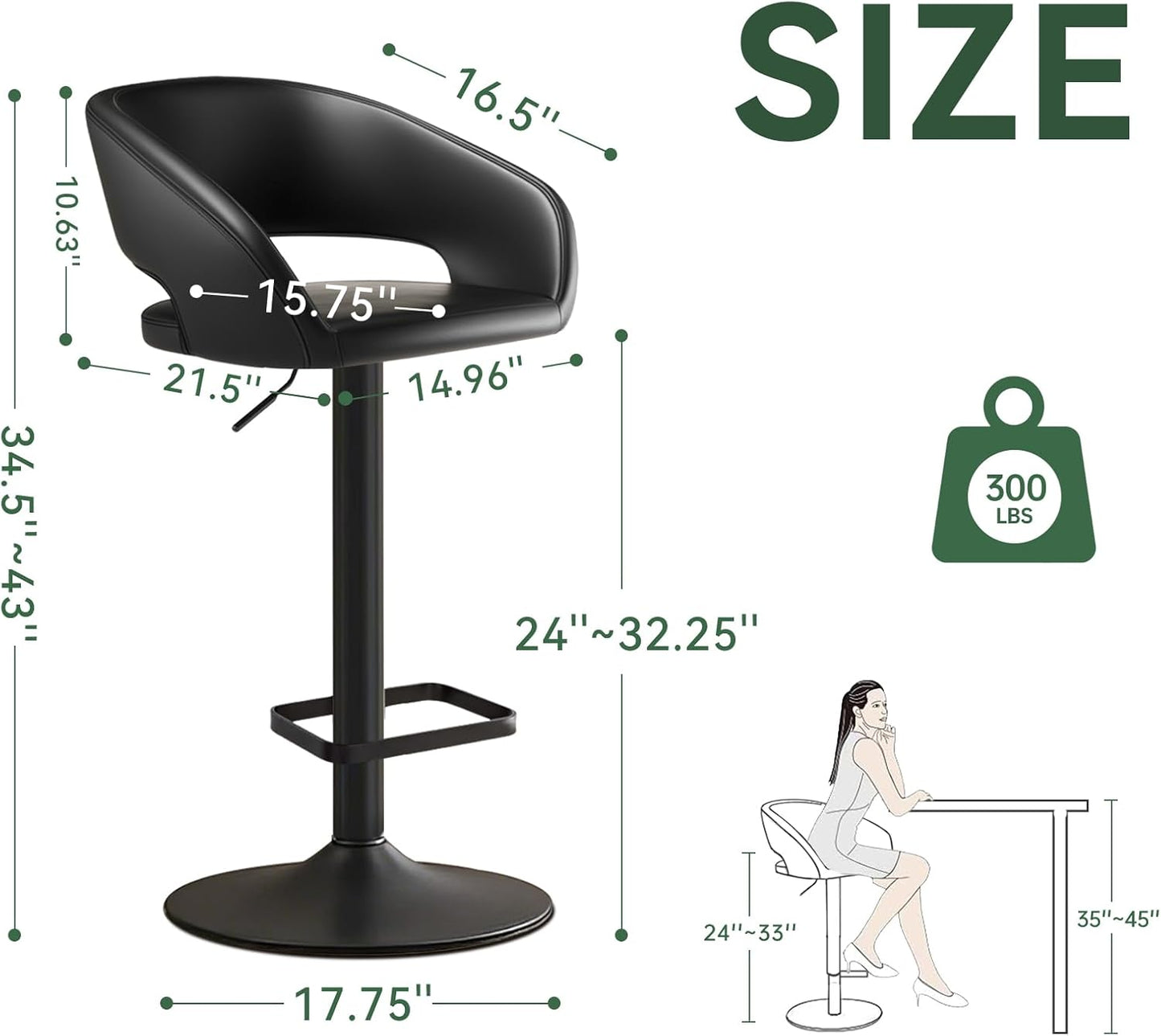 Adjustable Swivel Bar Stool with Arms, Hollow Back & Footrest, Modern PU Leather Counter Height Stools, Gas Lift Bar Chair for Kitchen Island, Home Bar, Dining Room (Black, Black Base)