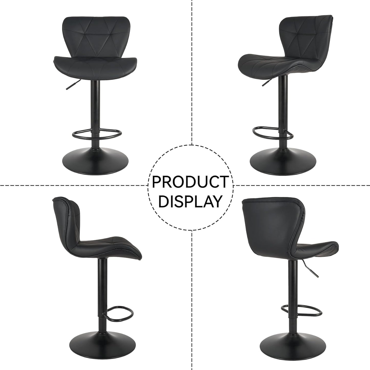 Modern Bar Stools Set of 2, Adjustable Faux Leather Upholstered Swivel Bar Stools, Counter Height Bar Chairs with Back for Kitchen Island, Black