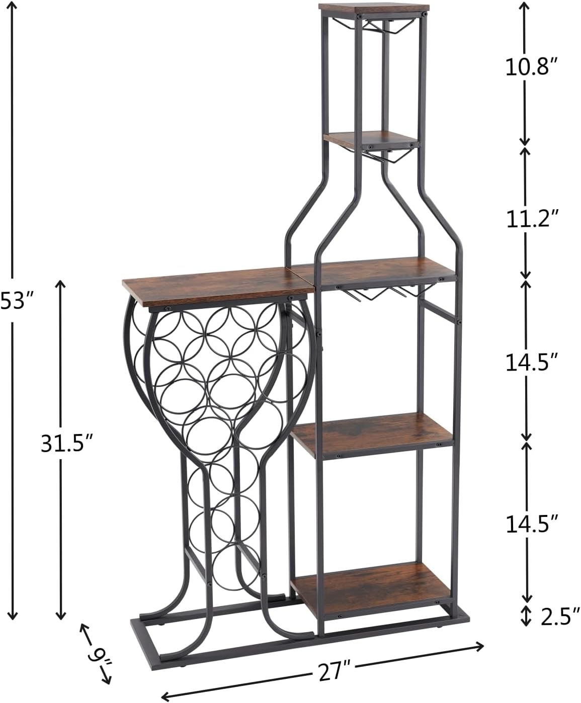 5-Tier Wine Rack Freestanding Floor, 11 Bottles Modern Wooden Wine Holder-Storage Cabinet for Home Bar, Kitchen, Dining Room Space Saving Bar Stand with Easy Assembly.(Deep red)