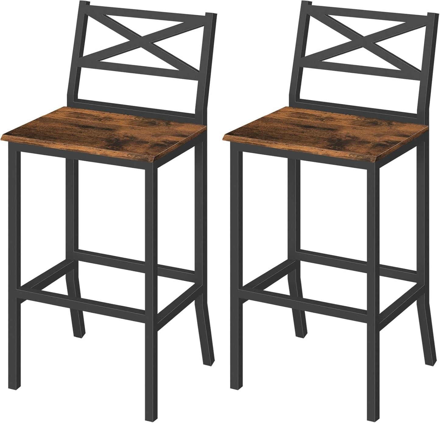 Bar Stools, Set of 2 Bar Chairs with Backrest and Footrest, 26" Tall Counter Bar Stools, Kitchen Breakfast Bar Chairs, Easy Assembly, for Dining Room, Rustic Brown BAHR0901N1