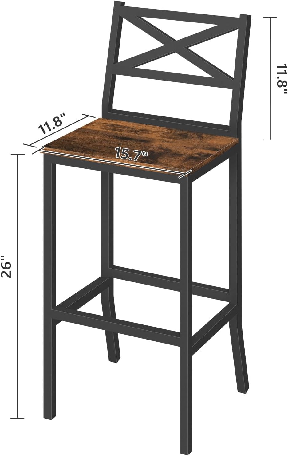 Bar Stools, Set of 2 Bar Chairs with Backrest and Footrest, 26" Tall Counter Bar Stools, Kitchen Breakfast Bar Chairs, Easy Assembly, for Dining Room, Rustic Brown BAHR0901N1