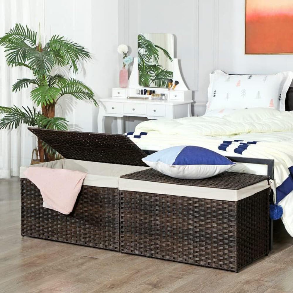SONGMICS Storage Basket with Lid, 42.3 Gallon (160L) Storage Bin, Woven Blanket Storage Basket with Handles, Foldable, Removable Liner, Metal Frame, for Bedroom, Laundry Room, Brown URST76BR