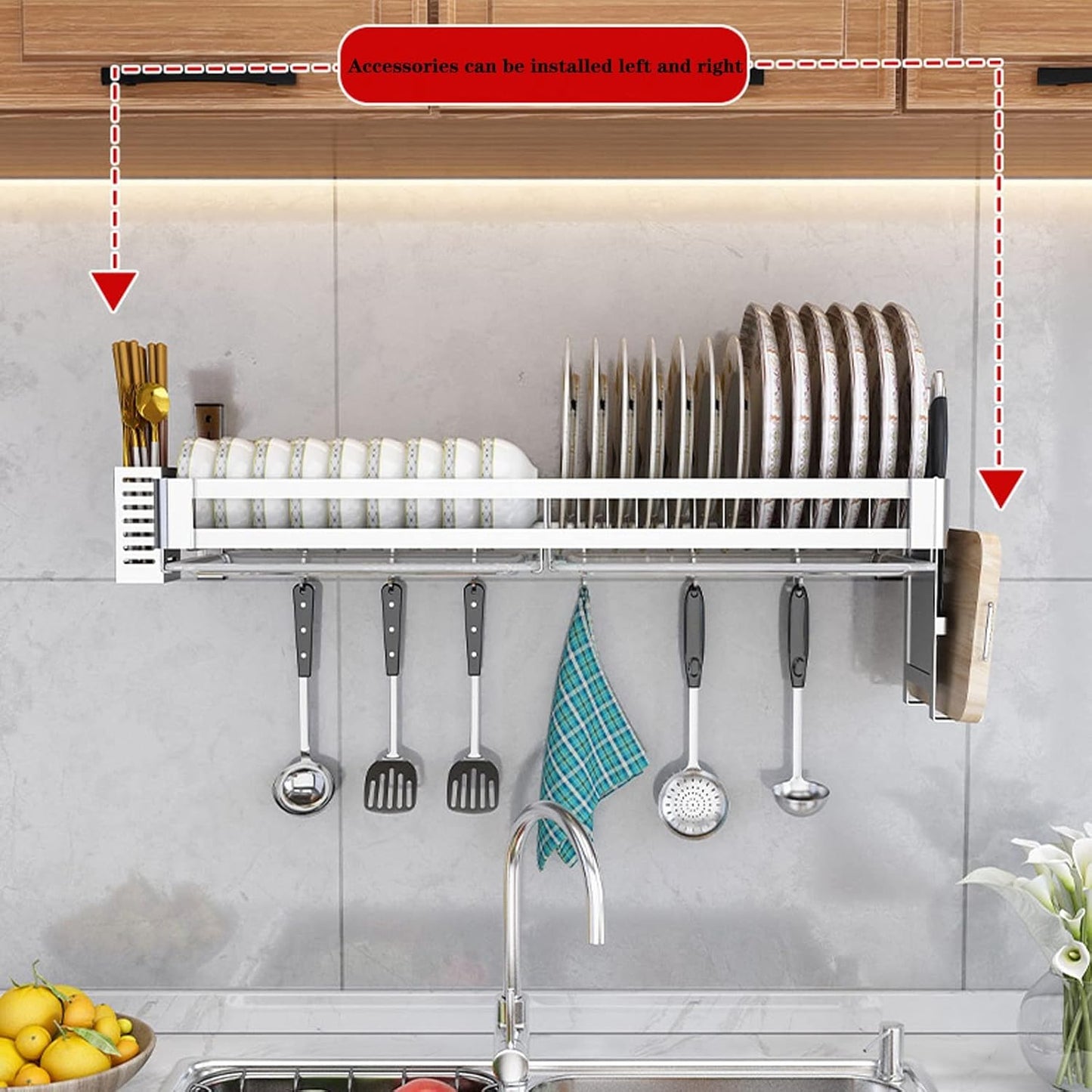 Stainless Steel Wall-Mounted Dish Rack, Dish Drying Rack with Drip Tray, Cutlery Rack and Cutting Board Rack, Silver (60x30cm,Silver)