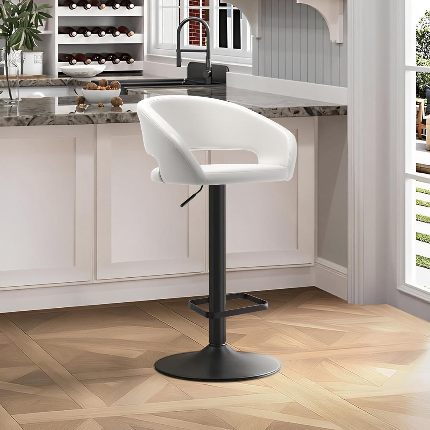 Adjustable Swivel Bar Stool with Arms, Hollow Back & Footrest, Modern PU Leather Counter Height Stools, Gas Lift Bar Chair for Kitchen Island, Home Bar, Dining Room (Black, Black Base)