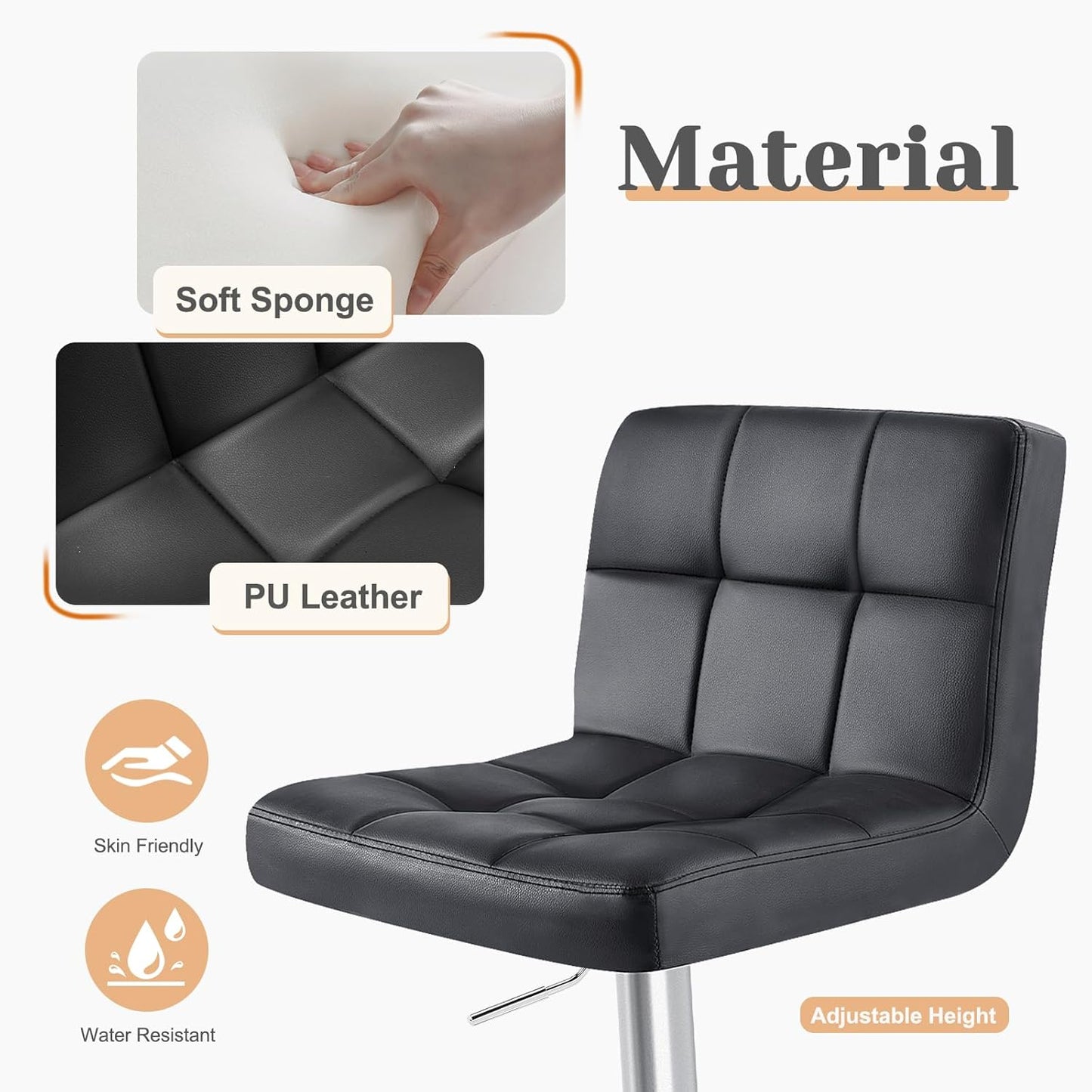 Sweetcrispy Bar Stools Set of 2, Armless PU Leather Adjustable Swivel Barstools, Hydraulic Kitchen Counter Height Thickened Seat Cushion Square Island Countertop Chairs with Back, Light Black