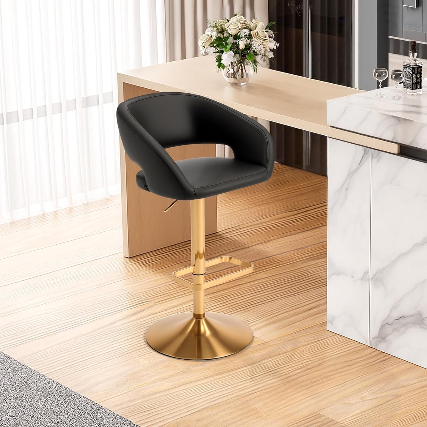 Adjustable Swivel Bar Stool with Arms, Hollow Back & Footrest, Modern PU Leather Counter Height Stools, Gas Lift Bar Chair for Kitchen Island, Home Bar, Dining Room (Black, Black Base)