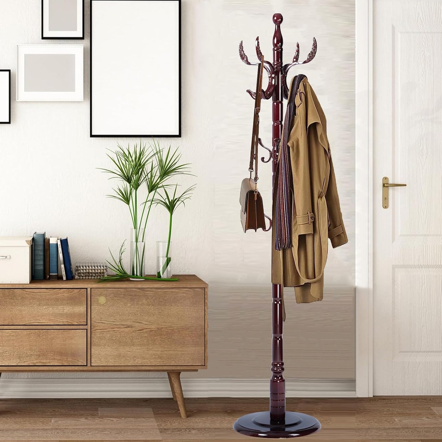 Coat Racks Free Standing with 14 Hooks, Natural Wood Coat Stands for Entryway, Adjustable Height 73 in Tree Coat Rack Stand for Hallway Home Office Bedroom (Mahogany)