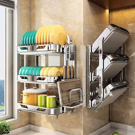 Dish Drainers Kitchen Wall-Mounted Stainless Steel Dish Rack Drain Rack with Drain Pan,Foldable Dish Rack,Cutting Boards,Utensil,Cutlery Holder,Plate Rack for Kitchen Counter,3-Tier Dish D