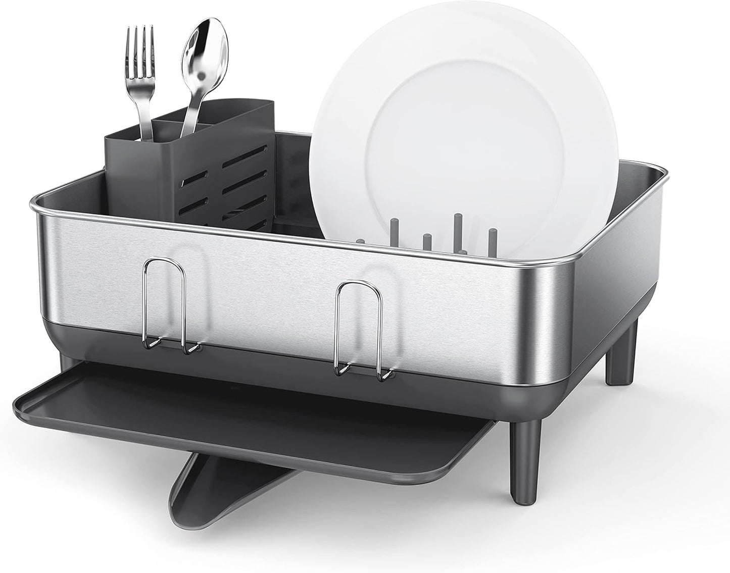 simplehuman Large Capacity Dish Drying Rack with Stainless Steel Frame, 360º Easy Drain Swivel Spout, Utensil & Wine Glass Holder, Anti-Residue Coating, Moisture Control Surface, Grey