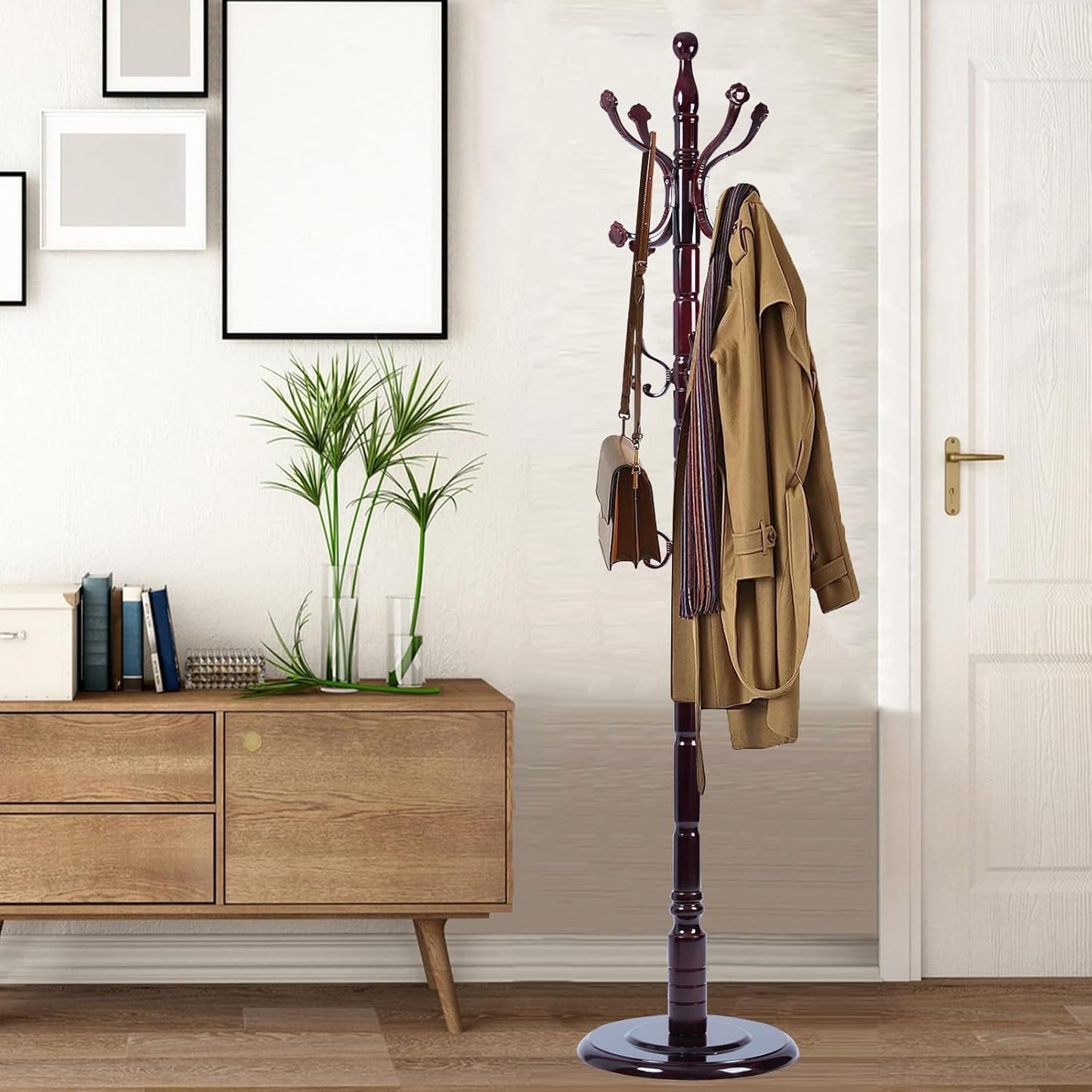 Coat Racks Free Standing with 14 Hooks, Natural Wood Coat Stands for Entryway, Adjustable Height 73 in Tree Coat Rack Stand for Hallway Home Office Bedroom (Mahogany)