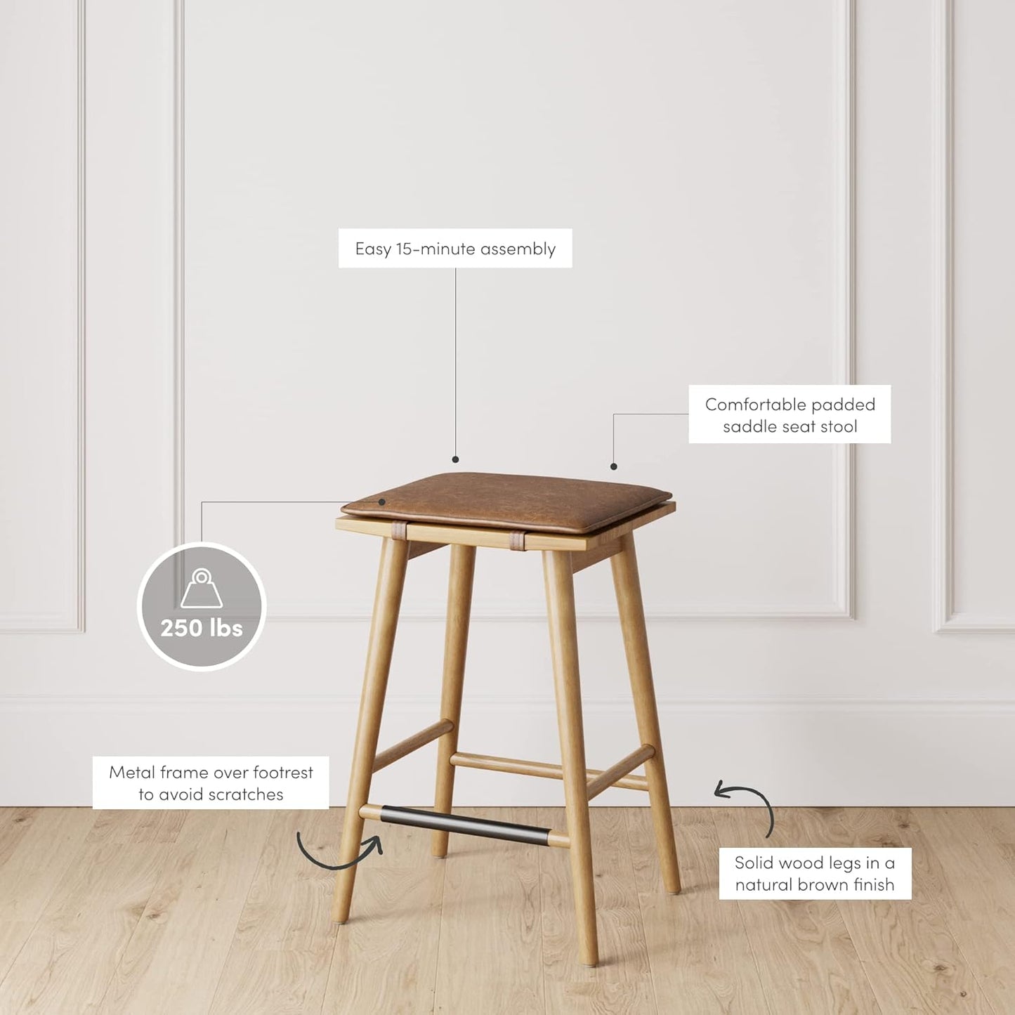 Nathan James Barker Classic Counter Height Wood Barstool with Leather Removable Cushion, Backless Island 24" Bar Stool for Kitchen, Chestnut Brown