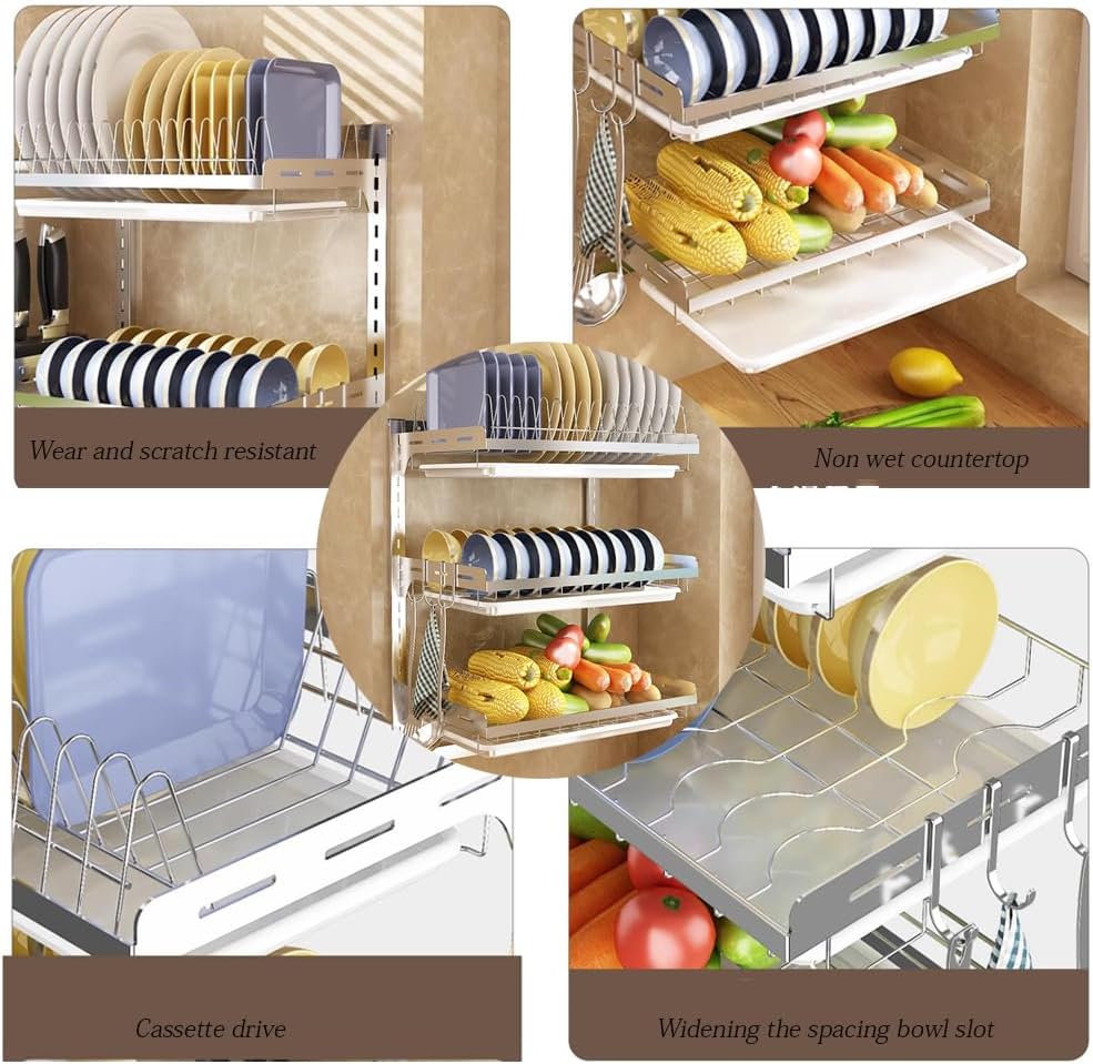 Dish Rack Wall Mounted,Hanging Dish Drying Rack,3 Tier Stainless Steel Dish Rack,Adjustable Length Drain Rack.with Drain Tray,Hooks(Silvery)