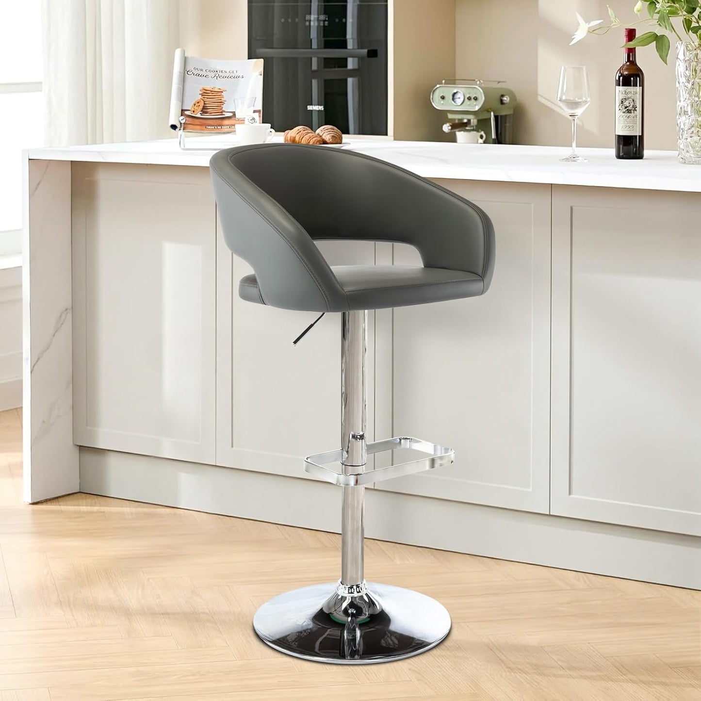 Adjustable Swivel Bar Stool with Arms, Hollow Back & Footrest, Modern PU Leather Counter Height Stools, Gas Lift Bar Chair for Kitchen Island, Home Bar, Dining Room (Black, Black Base)