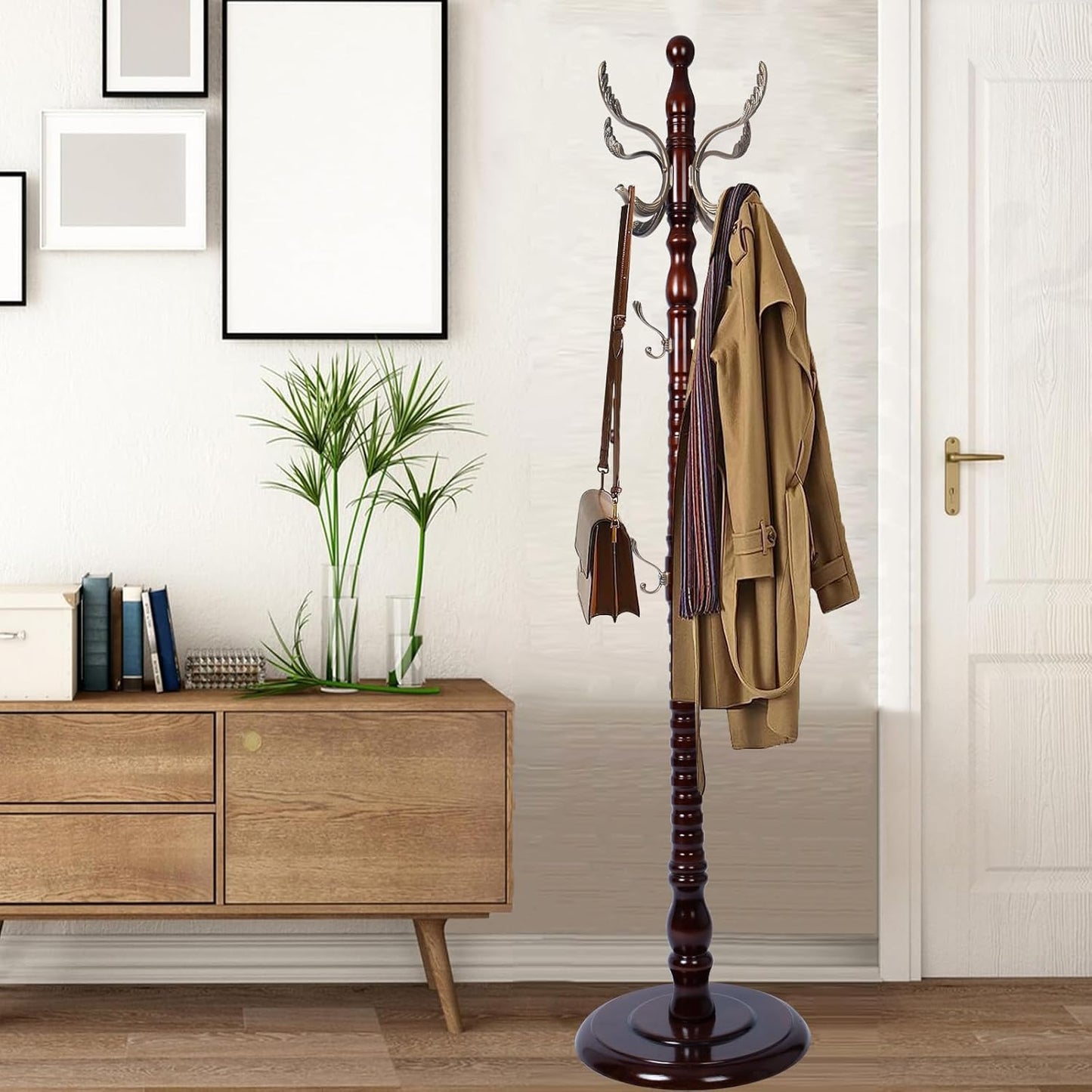 Coat Racks Free Standing with 14 Hooks, Natural Wood Coat Stands for Entryway, Adjustable Height 73 in Tree Coat Rack Stand for Hallway Home Office Bedroom (Mahogany)