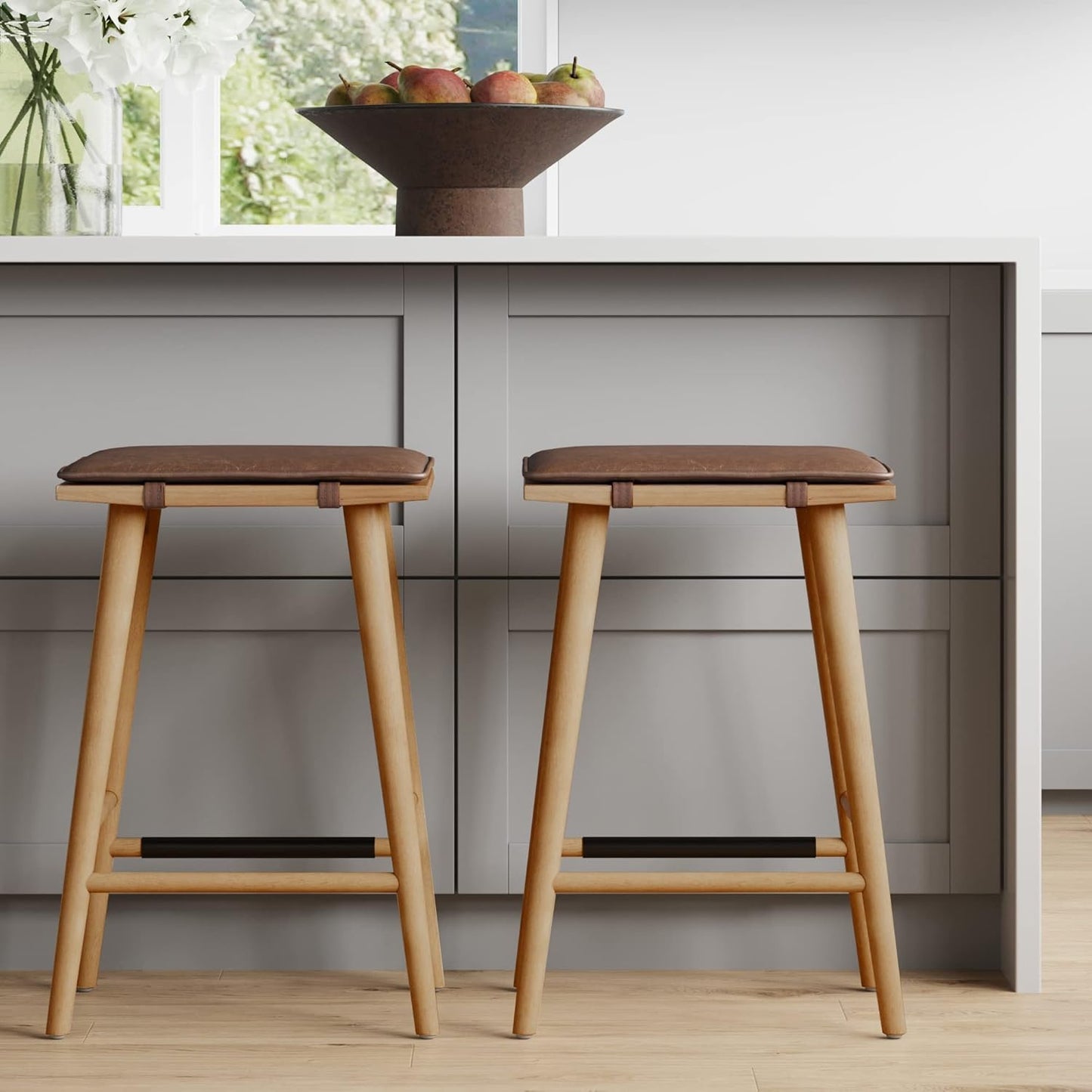 Nathan James Barker Classic Counter Height Wood Barstool with Leather Removable Cushion, Backless Island 24" Bar Stool for Kitchen, Chestnut Brown