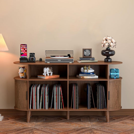 Large Round Record Player Stand with Charging Station & USB Ports,Record Storage Cabinet, Mid Century Modern Turntable Stand for Bedroom Living Room (Walnut)