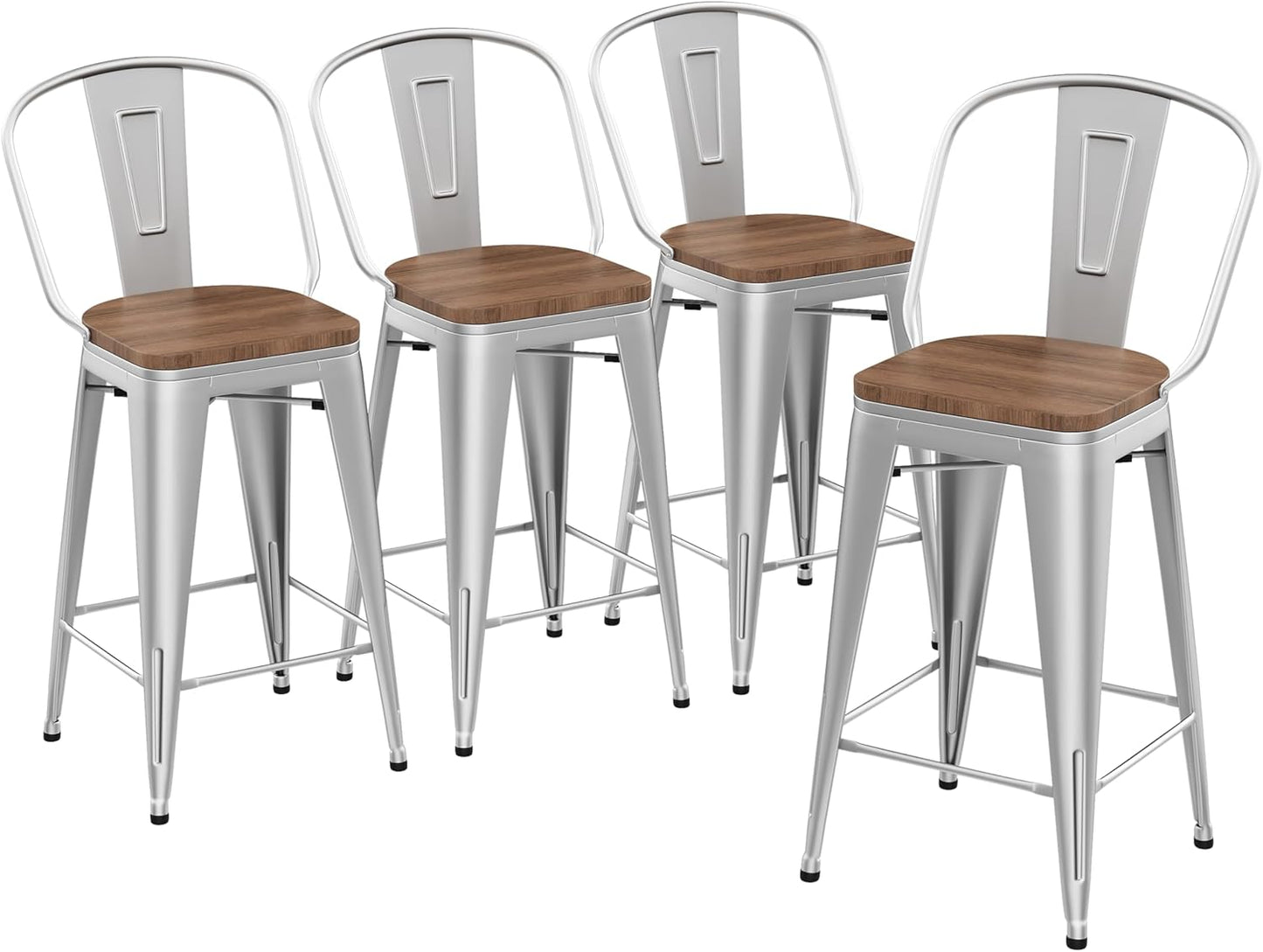 Yongqiang Barstools Set of 4 Counter Height Bar Stools for Kitchen Island Farmhouse Metal High Back Bar Chairs Wooden Seat 24" Matte Black