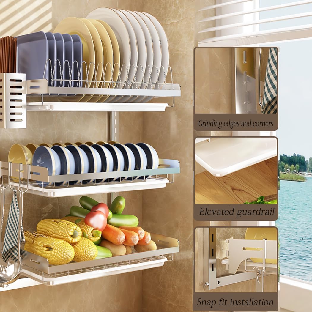 Dish Rack Wall Mounted,Hanging Dish Drying Rack,3 Tier Stainless Steel Dish Rack,Adjustable Length Drain Rack.with Drain Tray,Hooks(Silvery)