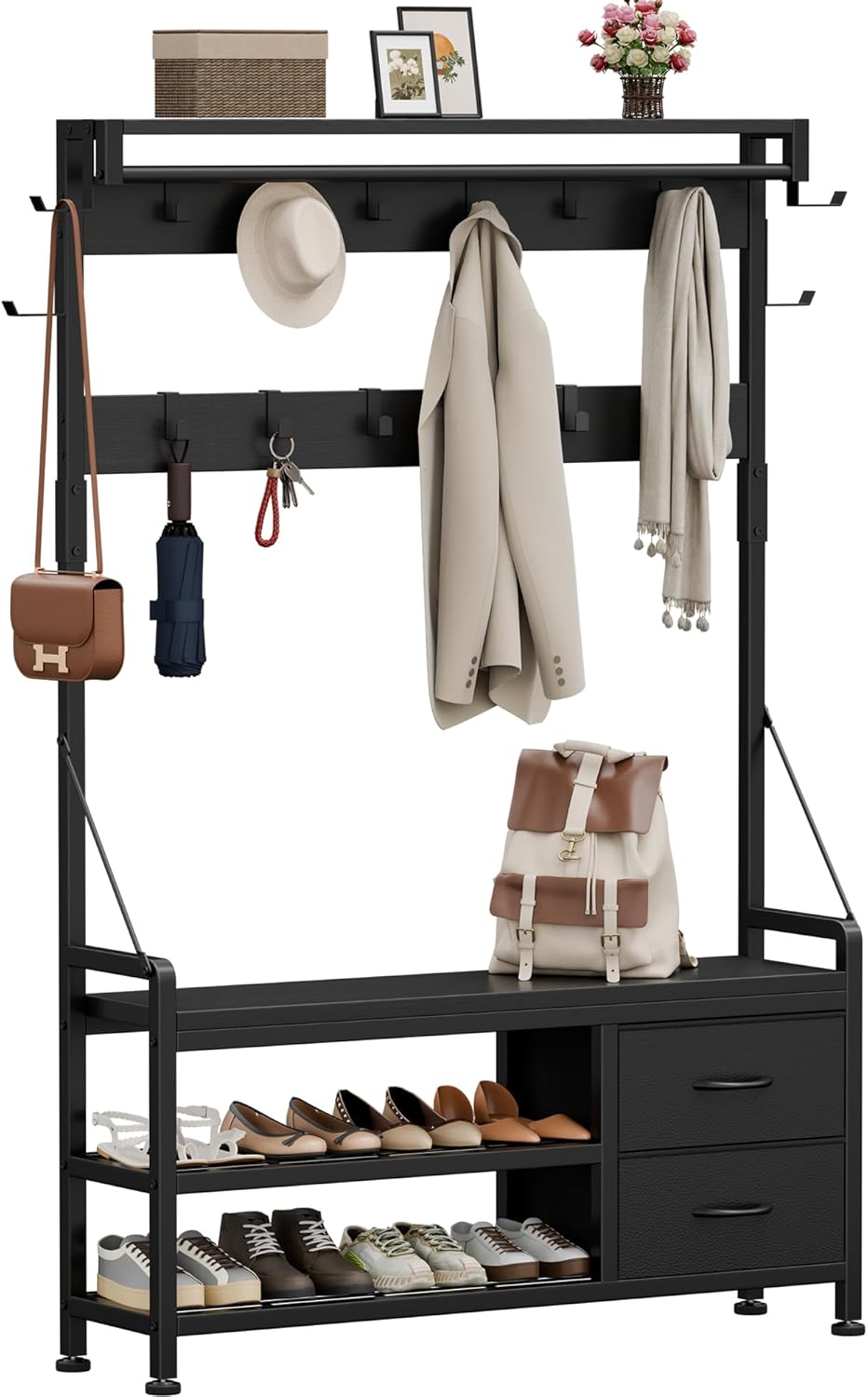 Lulive Hall Tree, 31.5” Entryway Bench with Coat Rack freestanding, 5 in 1 Intelligent Design Shoe Bench and Wall Rack 17 Hooks and Drawers (Rustic Brown)
