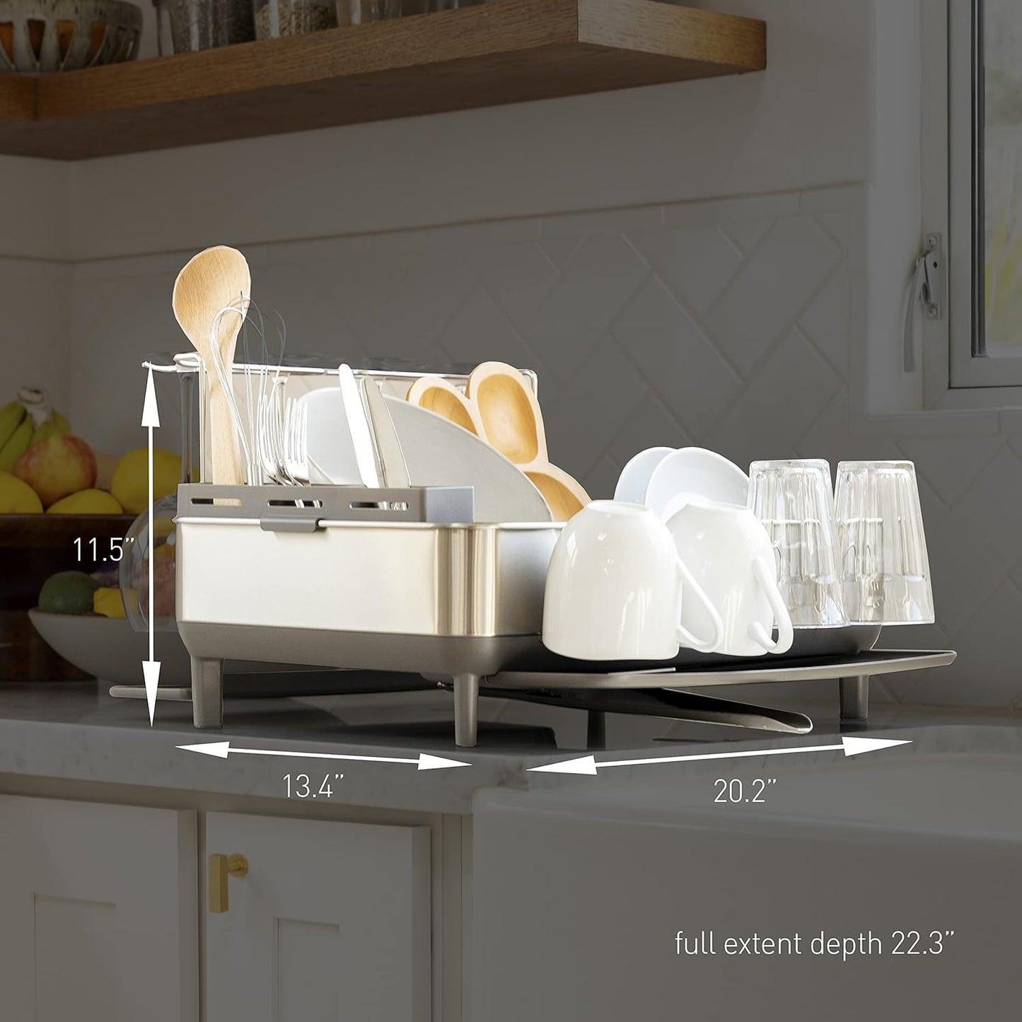 simplehuman Large Capacity Dish Drying Rack with Stainless Steel Frame, 360º Easy Drain Swivel Spout, Utensil & Wine Glass Holder, Anti-Residue Coating, Moisture Control Surface, Grey