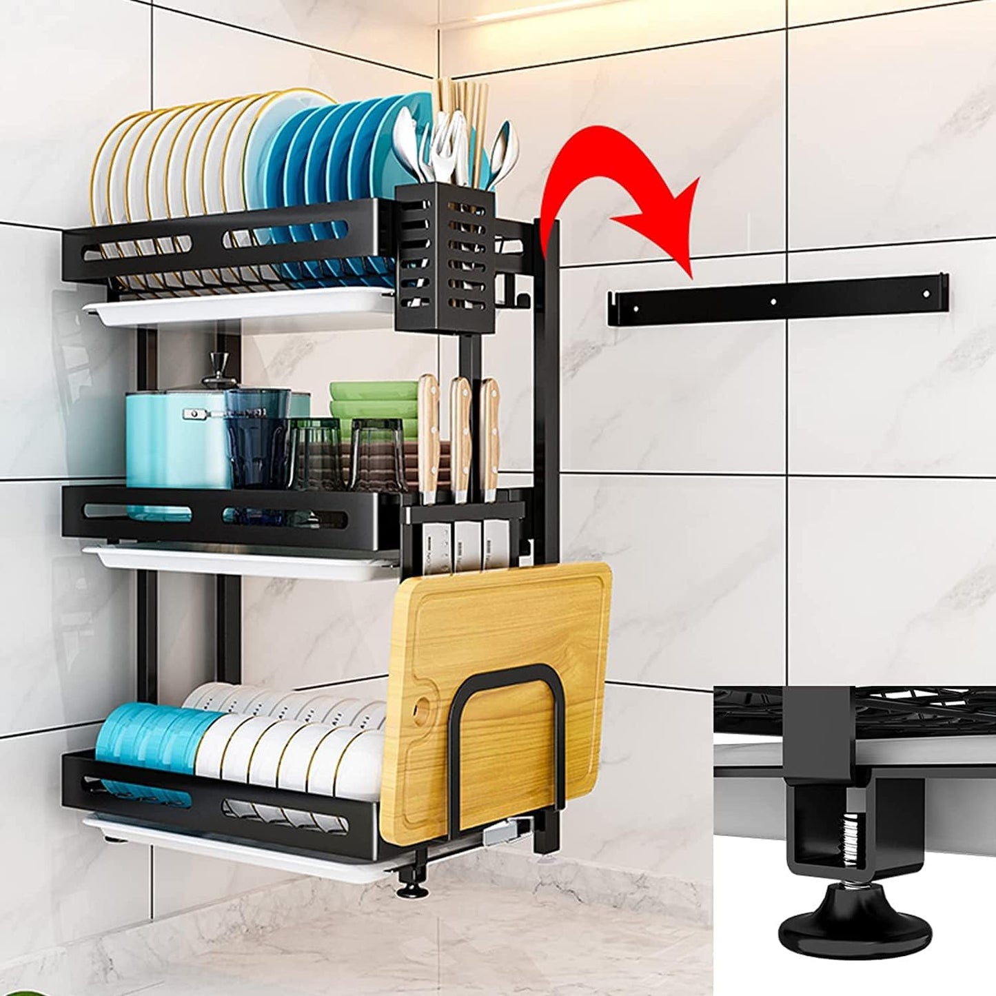 Dish Drying Racks Kitchen Wall-mounted Stainless Steel Dish Rack Drain Rack With Drain Pan, Foldable Stainless Steel Dish Rack,Kitchen Storage Shelf,Draining Board