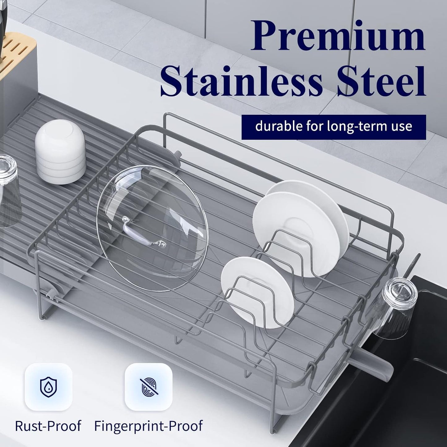 Kitsure Large Dish Drying Rack - Extendable Dish Rack, Multifunctional Dish Rack for Kitchen Counter, Anti-Rust Dish Drainers with Cutlery & Cup Holders 19.2"-26.7" L x 12.9" W, Grey