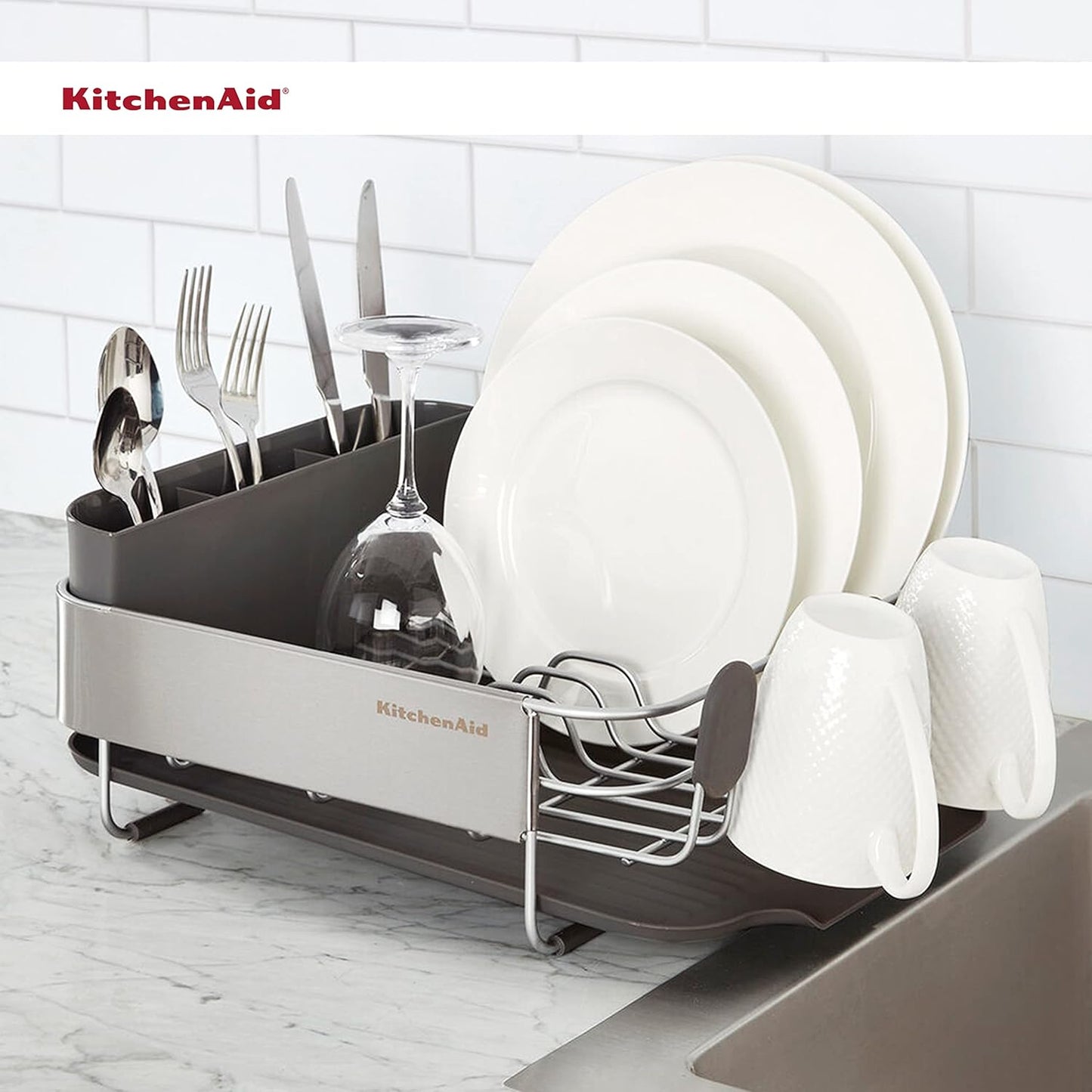 KitchenAid Compact, Space Saving Rust Resistant Dish Rack with Removable Flatware Caddy and Angled Self Draining Drainboard, 16.06-Inch, Black